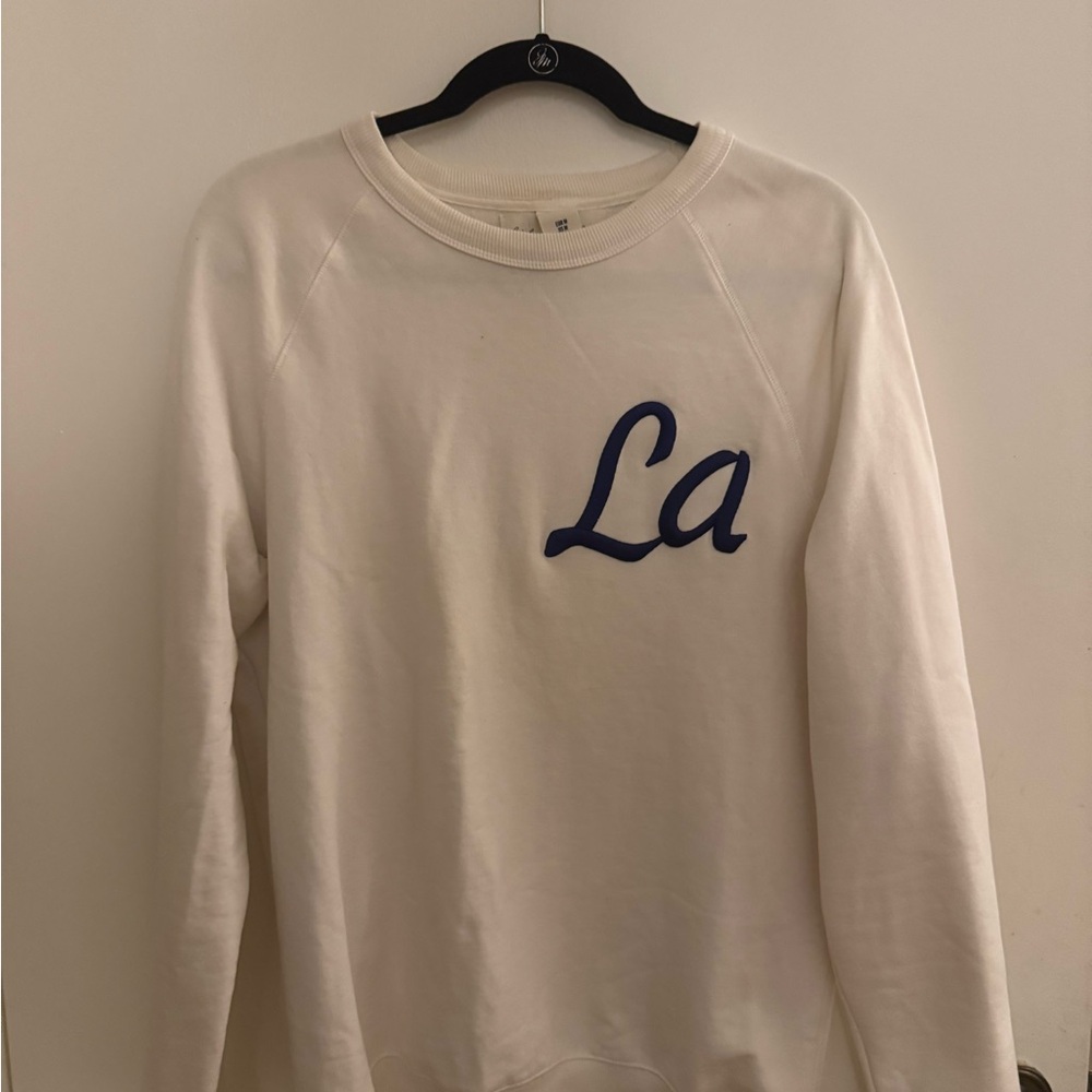 White Crewneck Sweater with Blue Embroidery